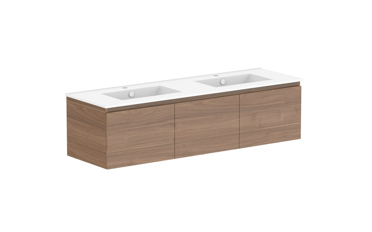 ADP Glacier Full Depth All-Door Slim Wall Hung Vanity 1500mm double bowl, ceramic top