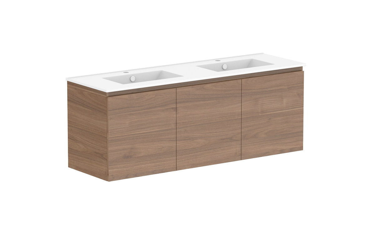 ADP Glacier Full Depth All-Door Twin Wall Hung Vanity 1500mm double bowl, ceramic top
