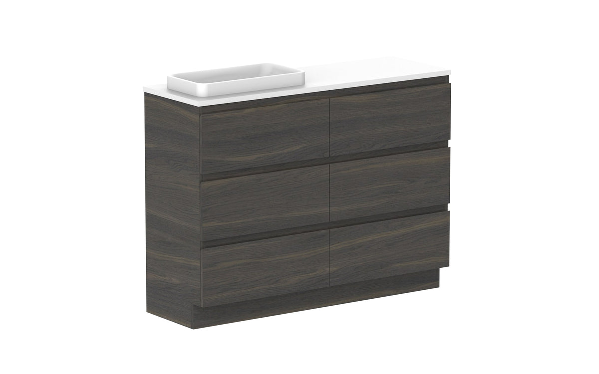 ADP Glacier Ensuite All-Drawer Trio Floor Mount Vanity 1200mm left offset bowl, benchtop