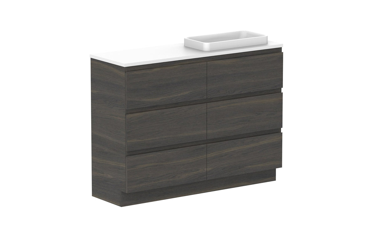 ADP Glacier Ensuite All-Drawer Trio Floor Mount Vanity 1200mm right offset bowl, benchtop