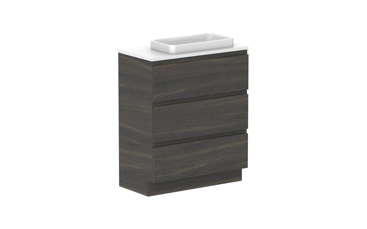 ADP Glacier Ensuite All-Drawer Trio Floor Mount Vanity 750mm right offset bowl, benchtop