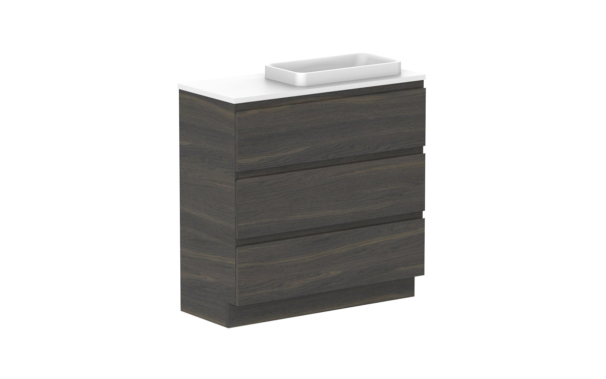 ADP Glacier Ensuite All-Drawer Trio Floor Mount Vanity 900mm right offset bowl, benchtop