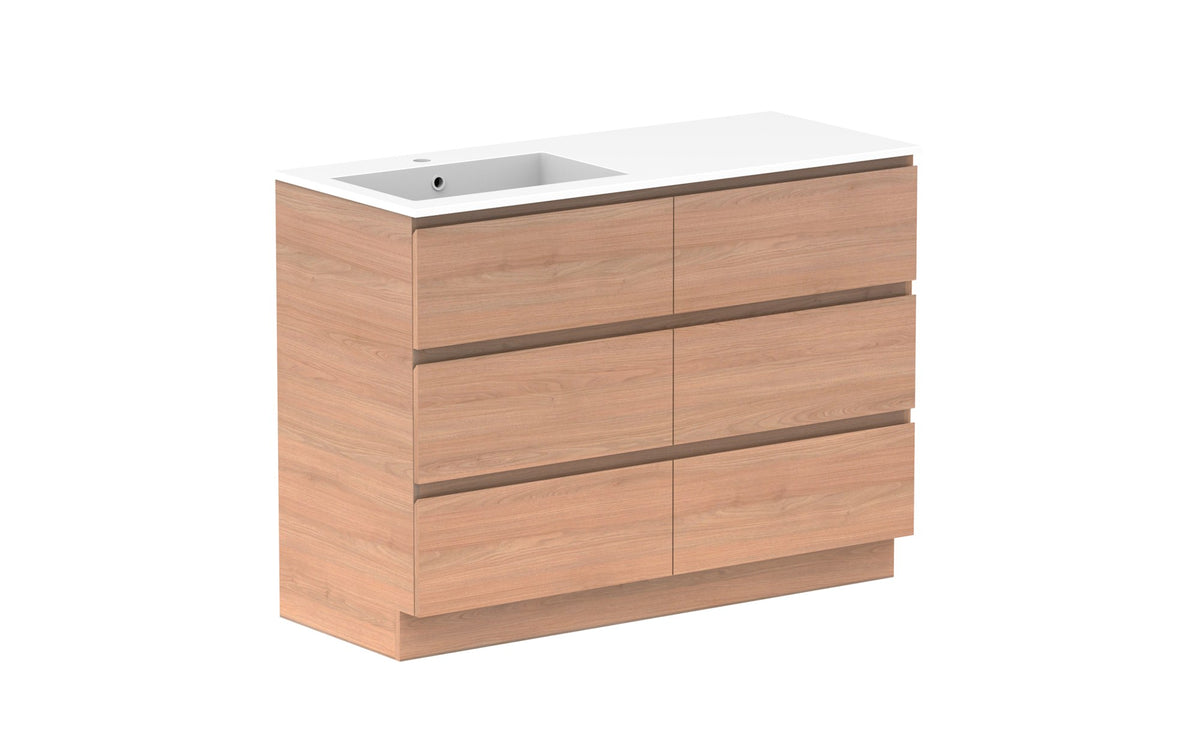 ADP Glacier Full Depth All-Drawer Trio Floor Mount Vanity 1200mm left offset bowl, cast marble top