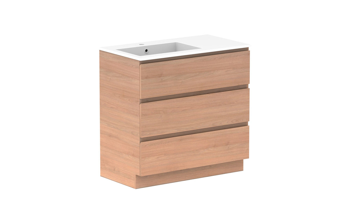 ADP Glacier Full Depth All-Drawer Trio Floor Mount Vanity 900mm left offset bowl, cast marble top