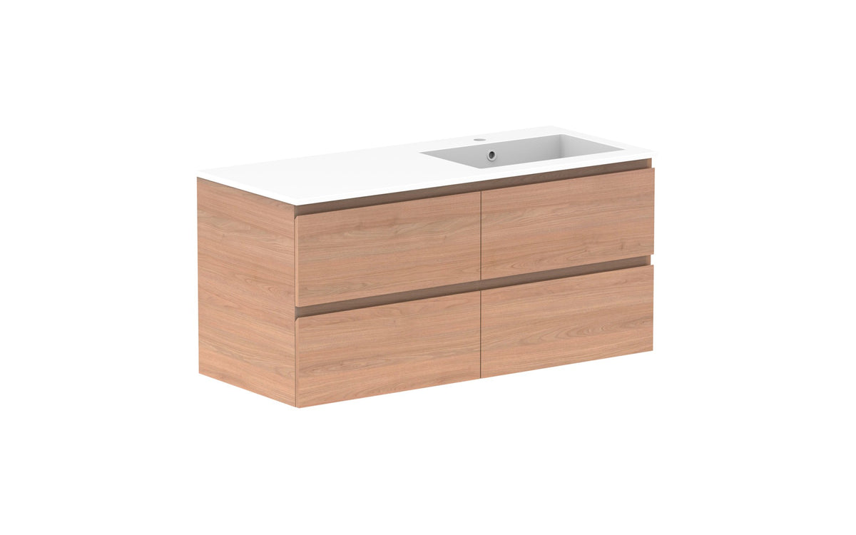ADP Glacier Full Depth All-Drawer Twin Wall Hung Vanity 1200mm right offset bowl, cast marble top