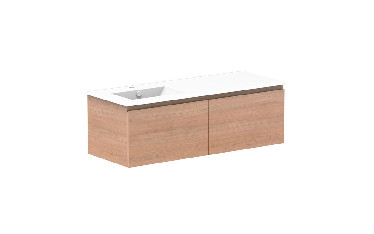 ADP Glacier Full Depth All-Drawer Slim Wall Hung Vanity 1200mm left offset bowl, ceramic top