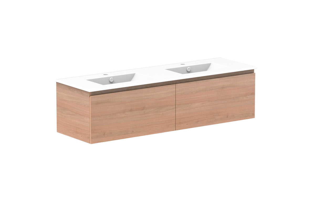 ADP Glacier Full Depth All-Drawer Slim Wall Hung Vanity 1500mm double bowl, ceramic top