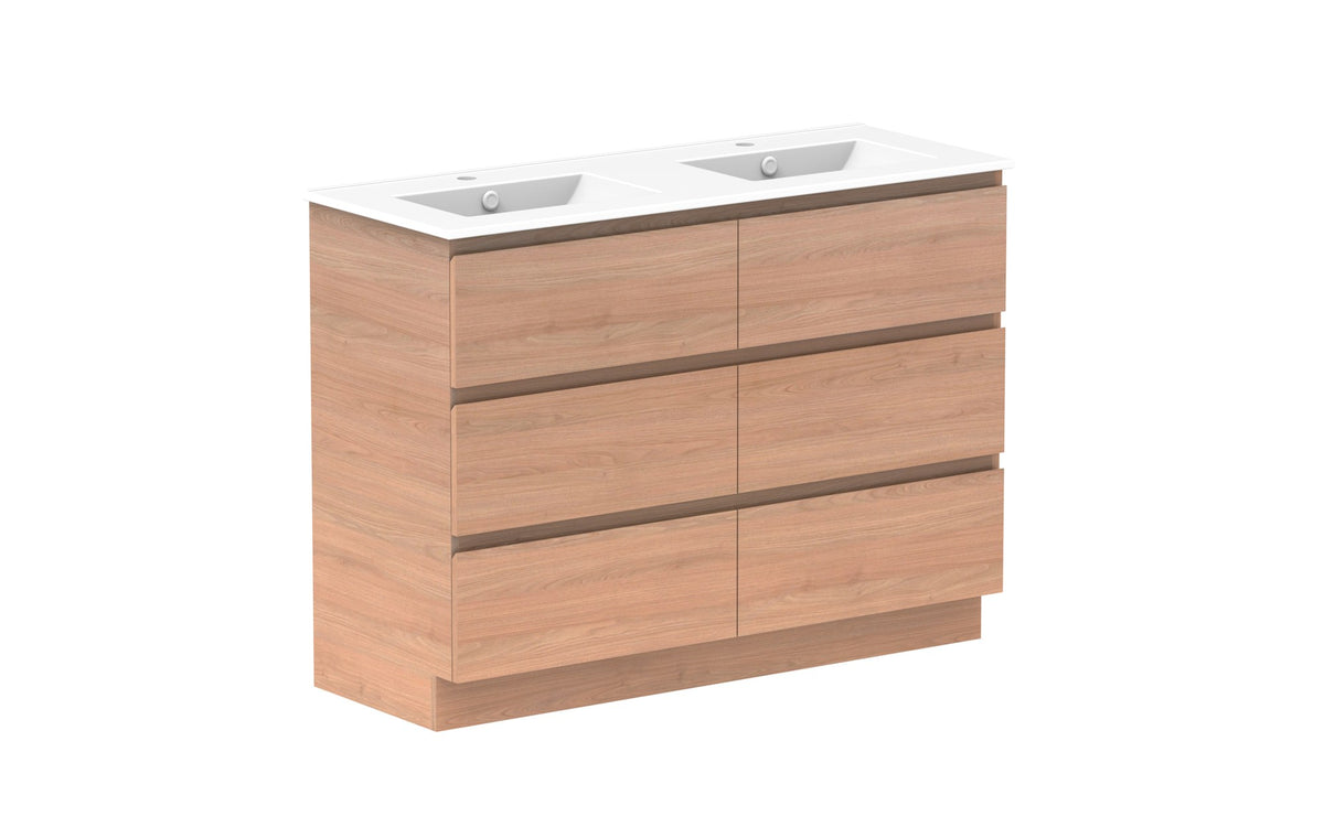 ADP Glacier Full Depth All-Drawer Trio Floor Mount Vanity 1200mm double bowl, ceramic top