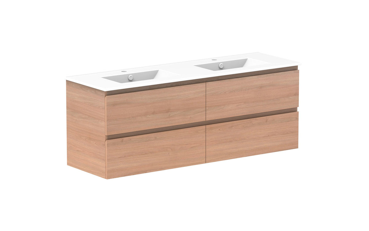 ADP Glacier Full Depth All-Drawer Twin Wall Hung Vanity 1500mm double bowl, ceramic top