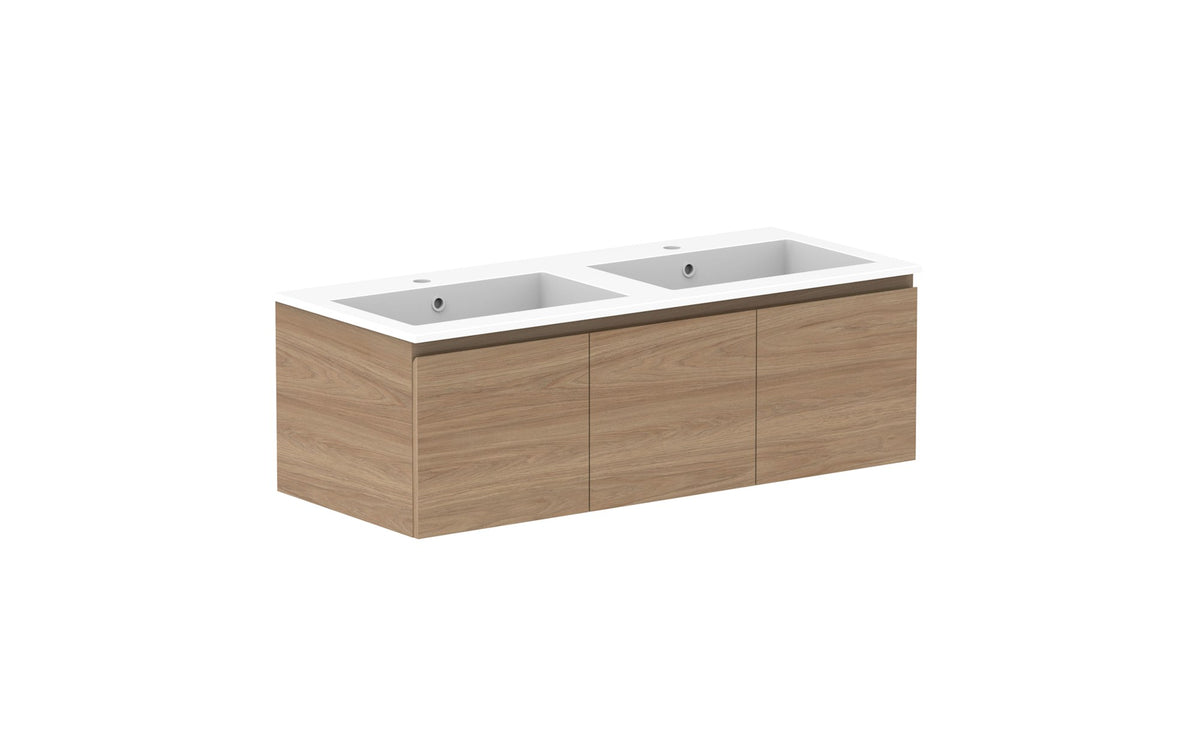 ADP Glacier Full Depth Door & Drawer Slim Wall Hung Vanity 1200mm double bowl, cast marble top