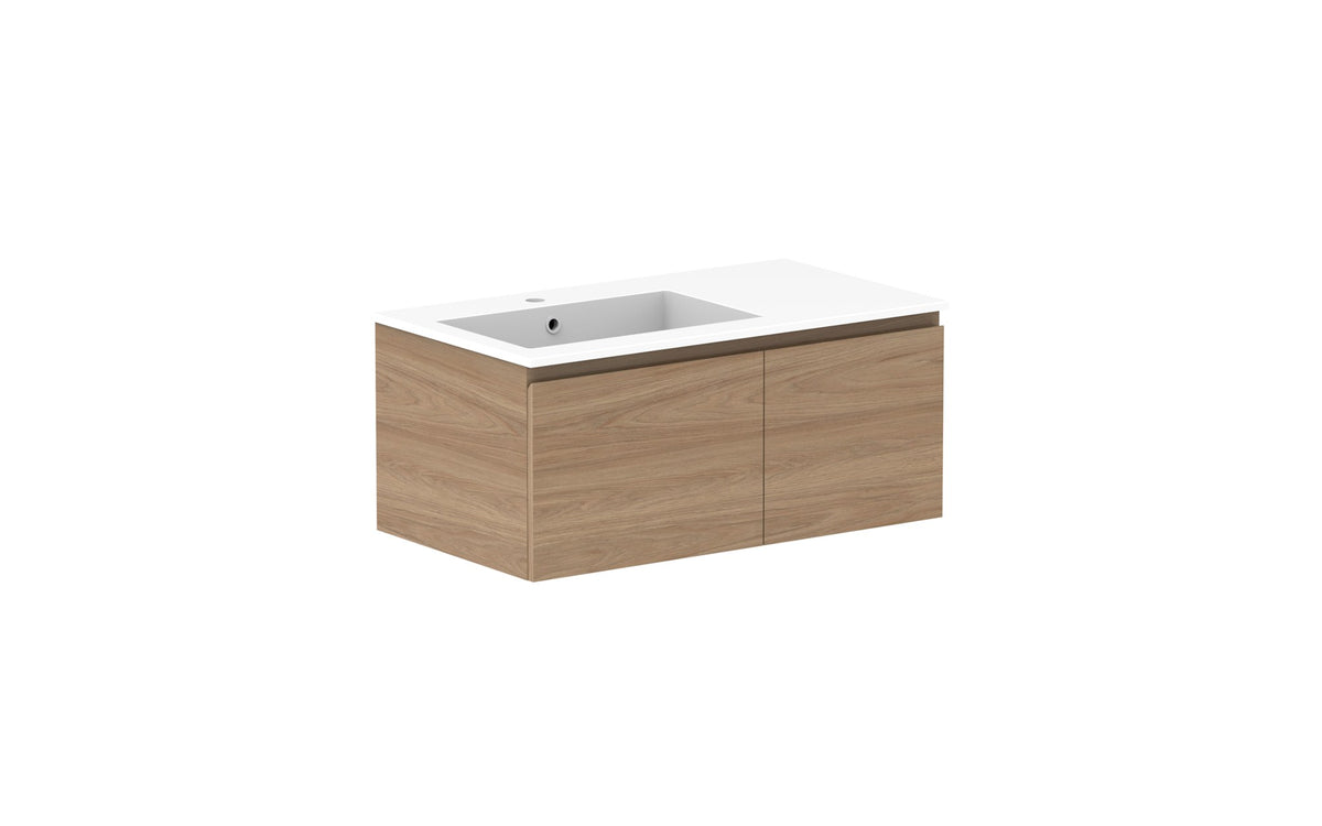 ADP Glacier Full Depth Door & Drawer Slim Wall Hung Vanity 900mm left offset bowl, cast marble top