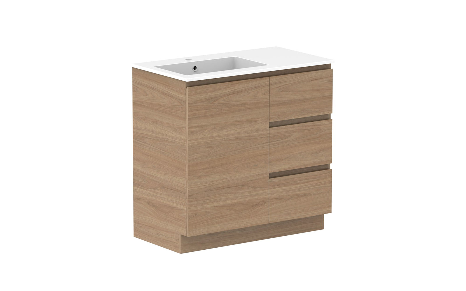 ADP Glacier Full Depth Door & Drawer Trio Floor Mount Vanity 900mm left offset bowl, cast marble top