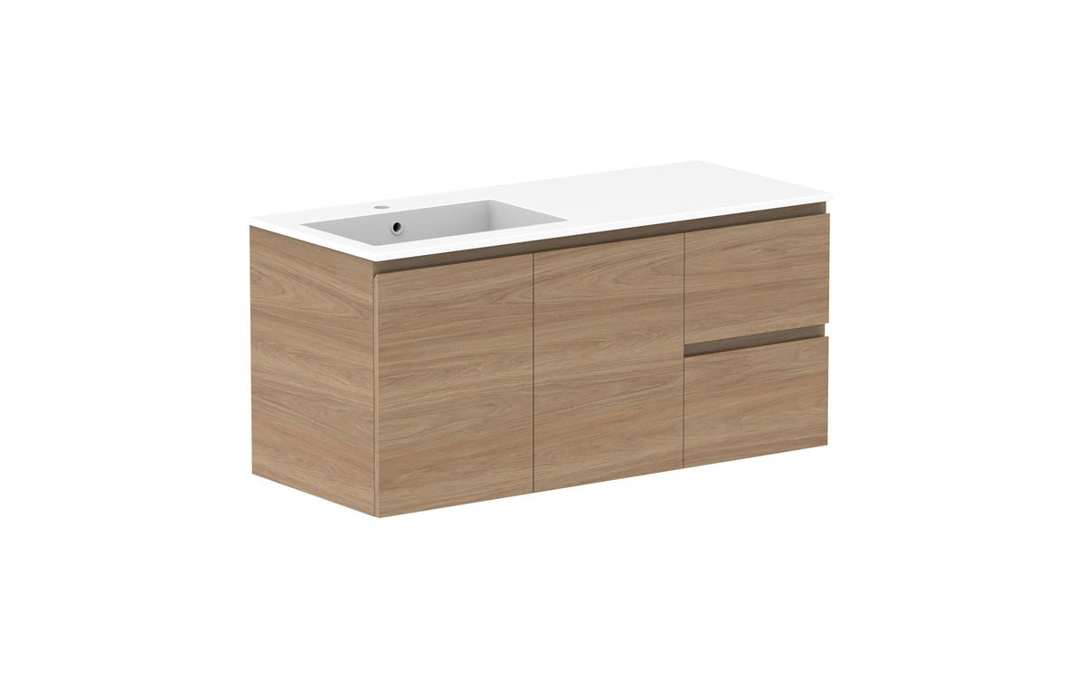 ADP Glacier Full Depth Door & Drawer Twin Wall Hung Vanity 1200mm left offset bowl, cast marble top