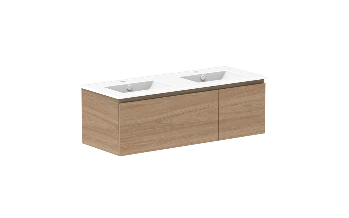 ADP Glacier Full Depth Door & Drawer Slim Wall Hung Vanity 1200mm double bowl, ceramic top