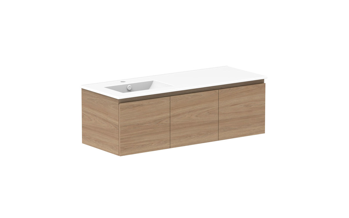 ADP Glacier Full Depth Door & Drawer Slim Wall Hung Vanity 1200mm left offset bowl, ceramic top