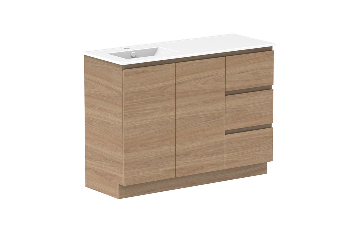 ADP Glacier Full Depth Door & Drawer Trio Floor Mount Vanity 1200mm left offset bowl, ceramic top
