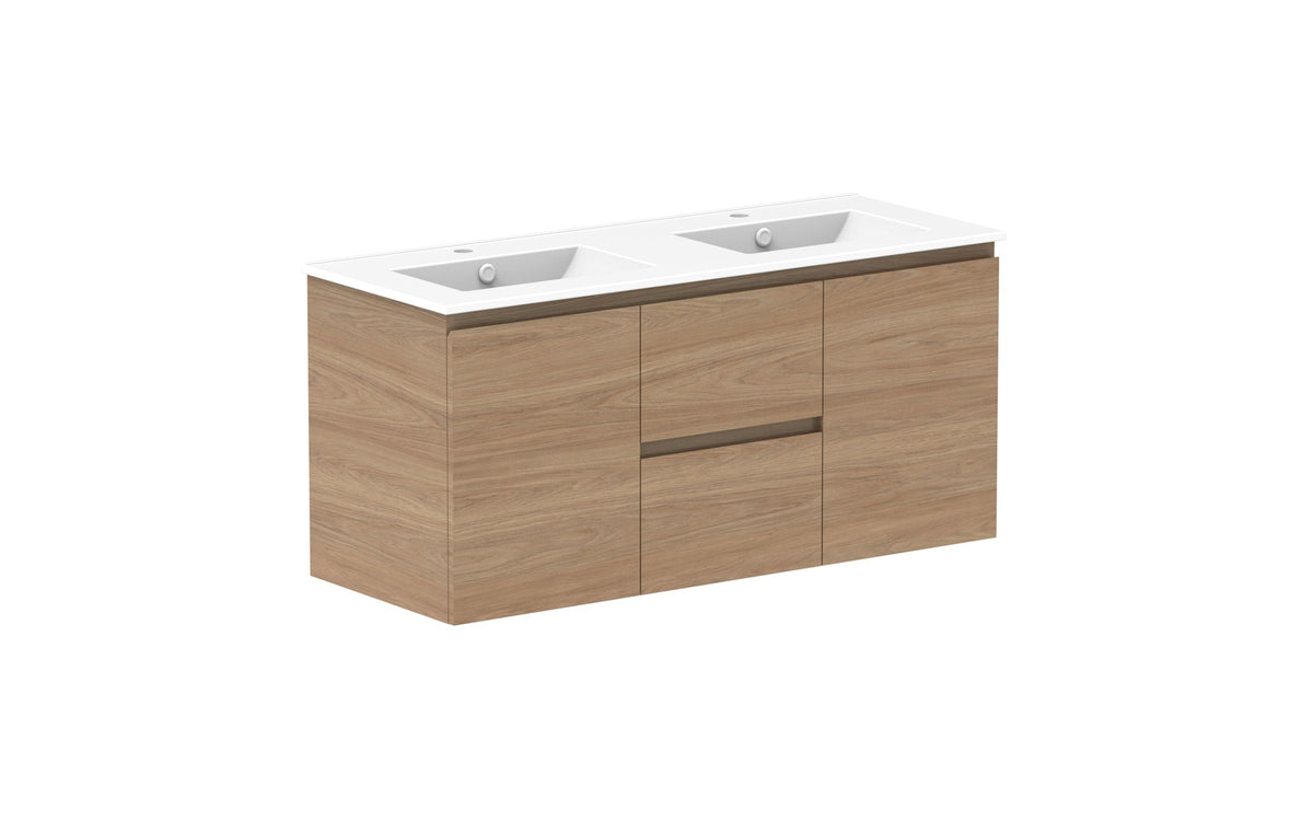 ADP Glacier Full Depth Door & Drawer Twin Wall Hung Vanity 1200mm double bowl, ceramic top