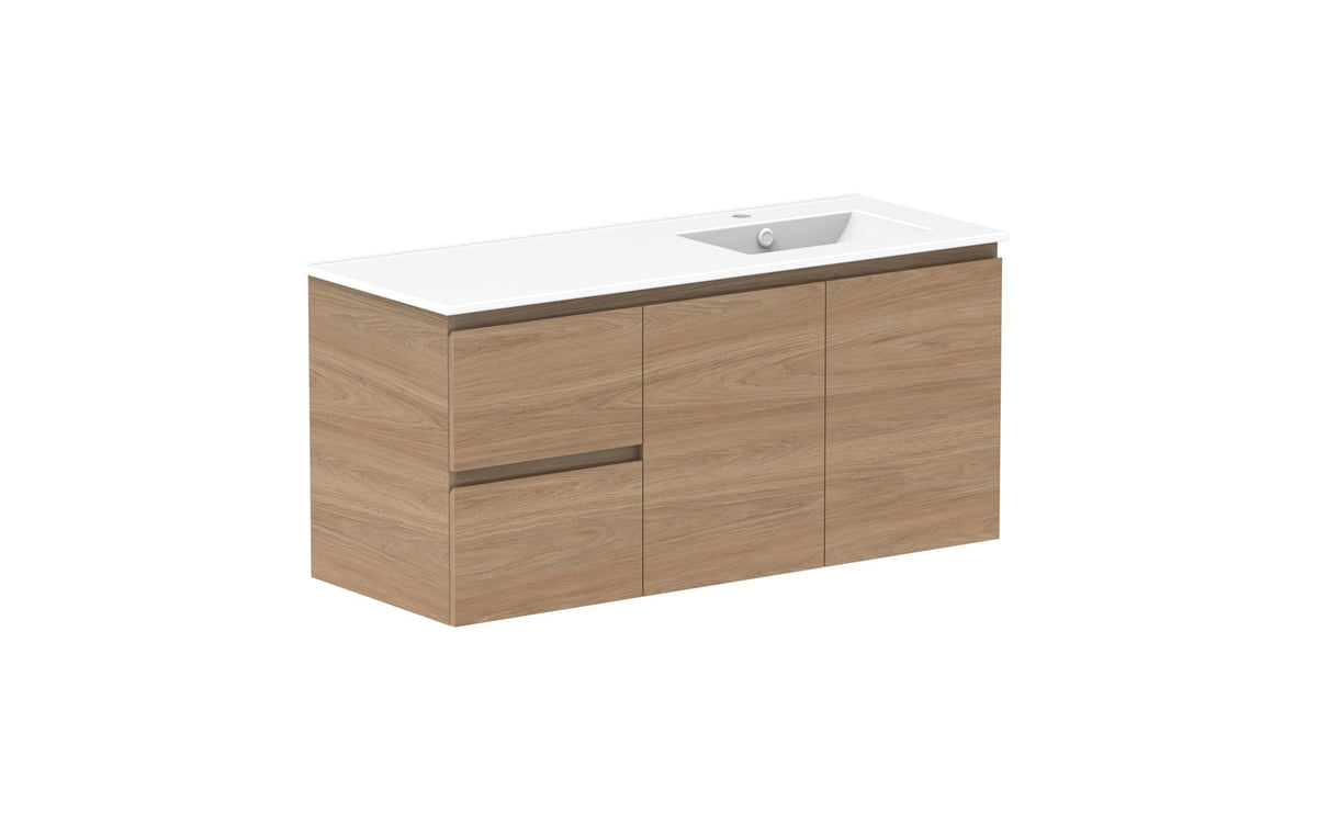 ADP Glacier Full Depth Door & Drawer Twin Wall Hung Vanity 1200mm right offset bowl, ceramic top