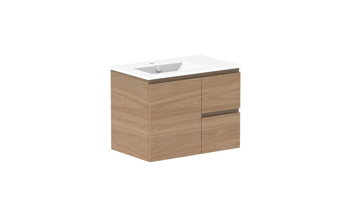 ADP Glacier Full Depth Door & Drawer Twin Wall Hung Vanity 750mm left offset bowl, ceramic top