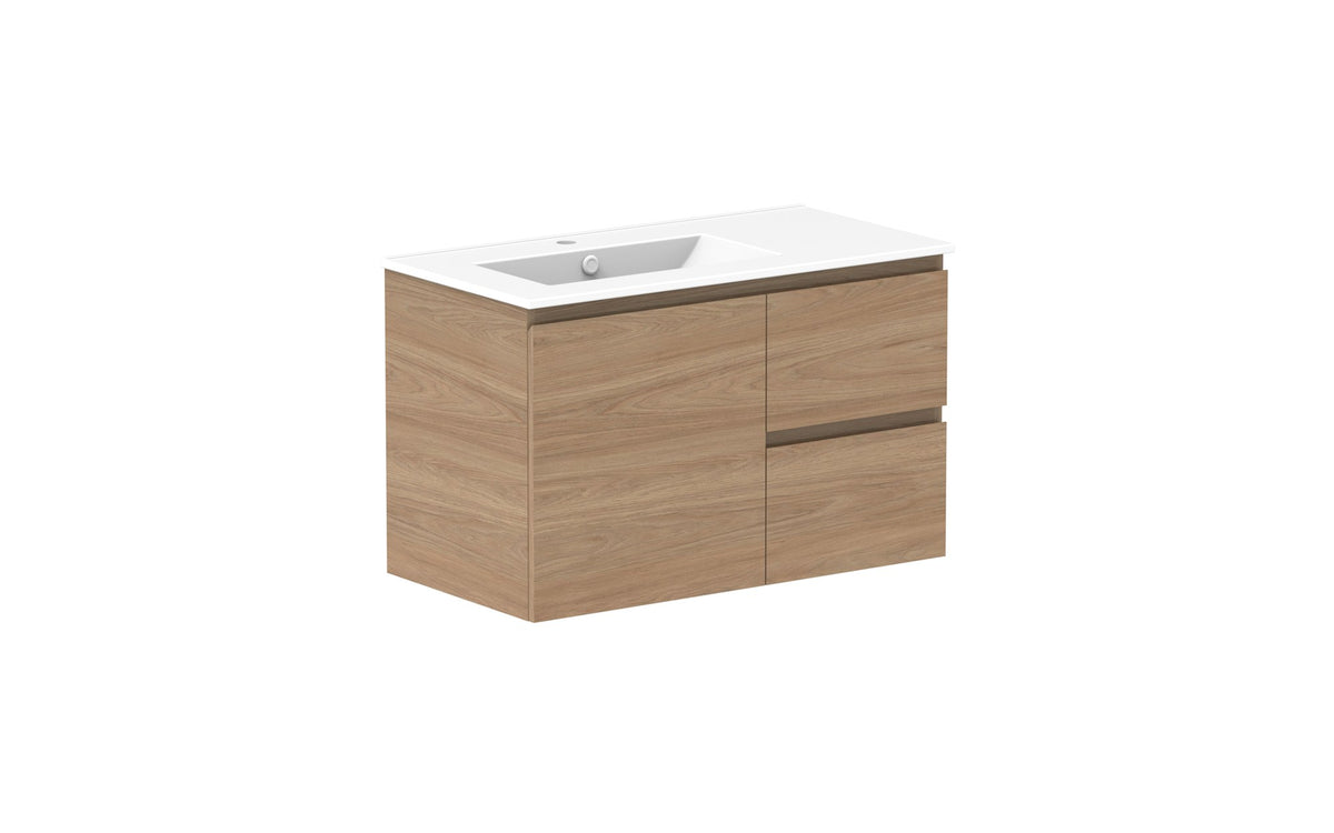 ADP Glacier Full Depth Door & Drawer Twin Wall Hung Vanity 900mm left offset bowl, ceramic top