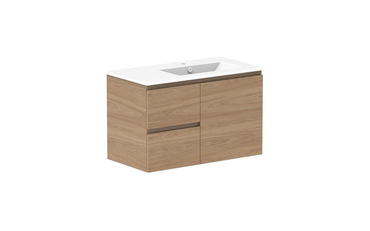 ADP Glacier Full Depth Door & Drawer Twin Wall Hung Vanity 900mm right offset bowl, ceramic top