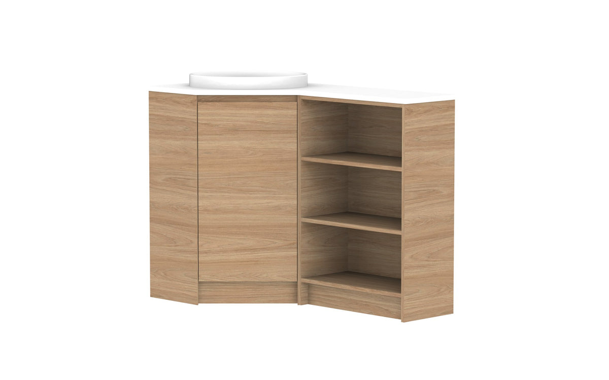 ADP Glacier Corner Floor Mount Vanity 600 x 1200mm left hand, open shelf, benchtop