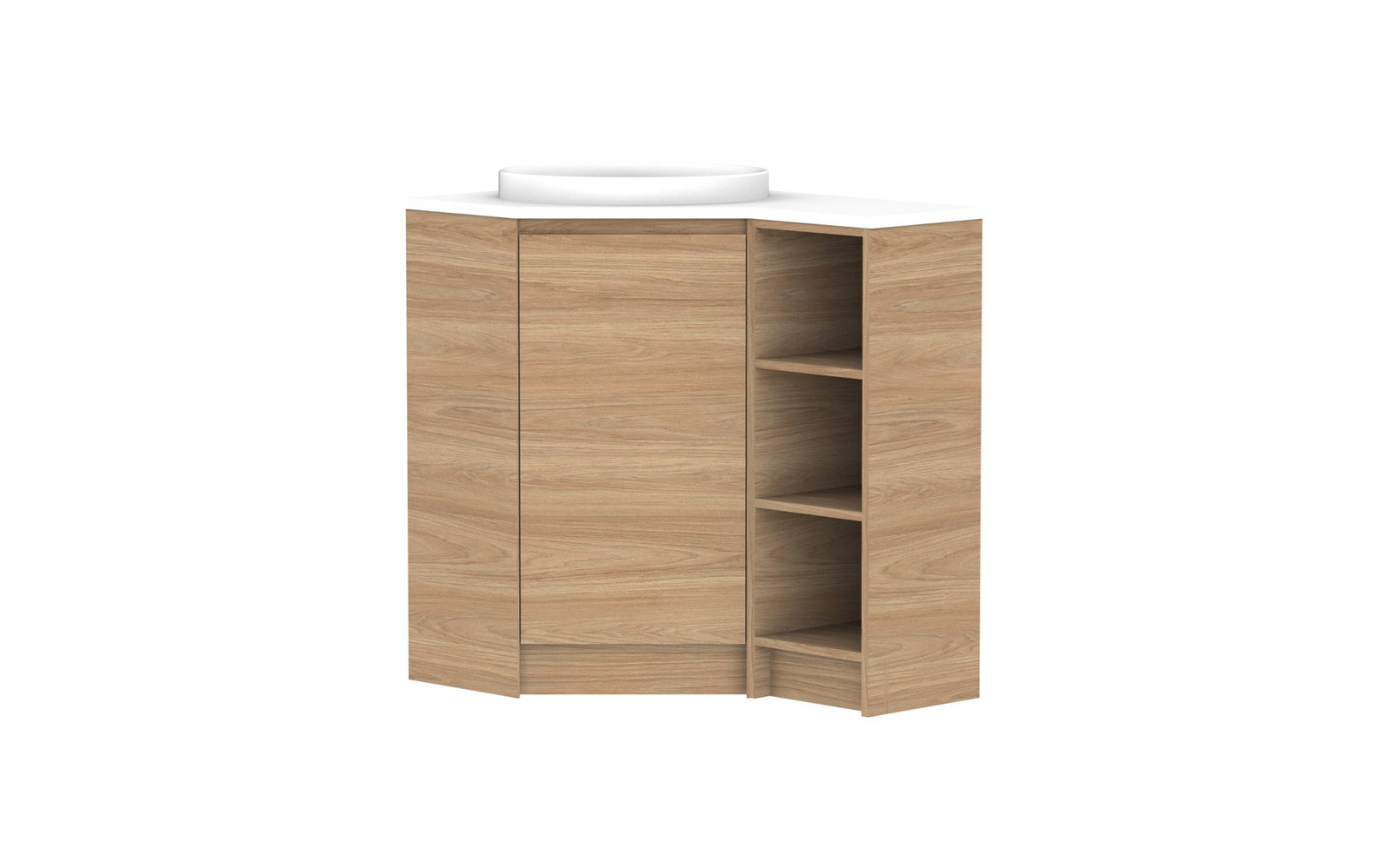 ADP Glacier Corner Floor Mount Vanity 600 x 900mm left hand, open shelf, benchtop