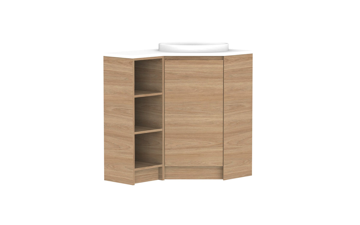 ADP Glacier Corner Floor Mount Vanity 600 x 900mm right hand, open shelf, benchtop
