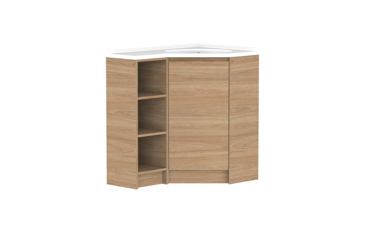 ADP Glacier Corner Floor Mount Vanity 600 x 900mm right hand, open shelf, cast marble top