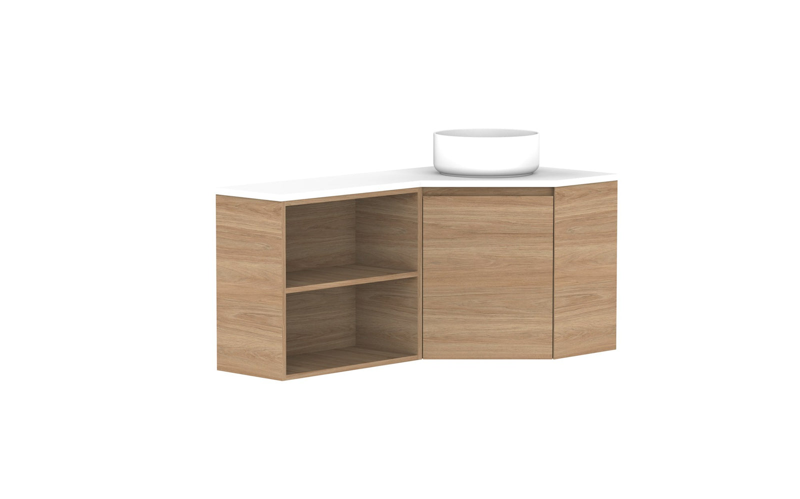ADP Glacier Corner Wall Hung Vanity 600 x 1200mm right hand, open shelf, benchtop