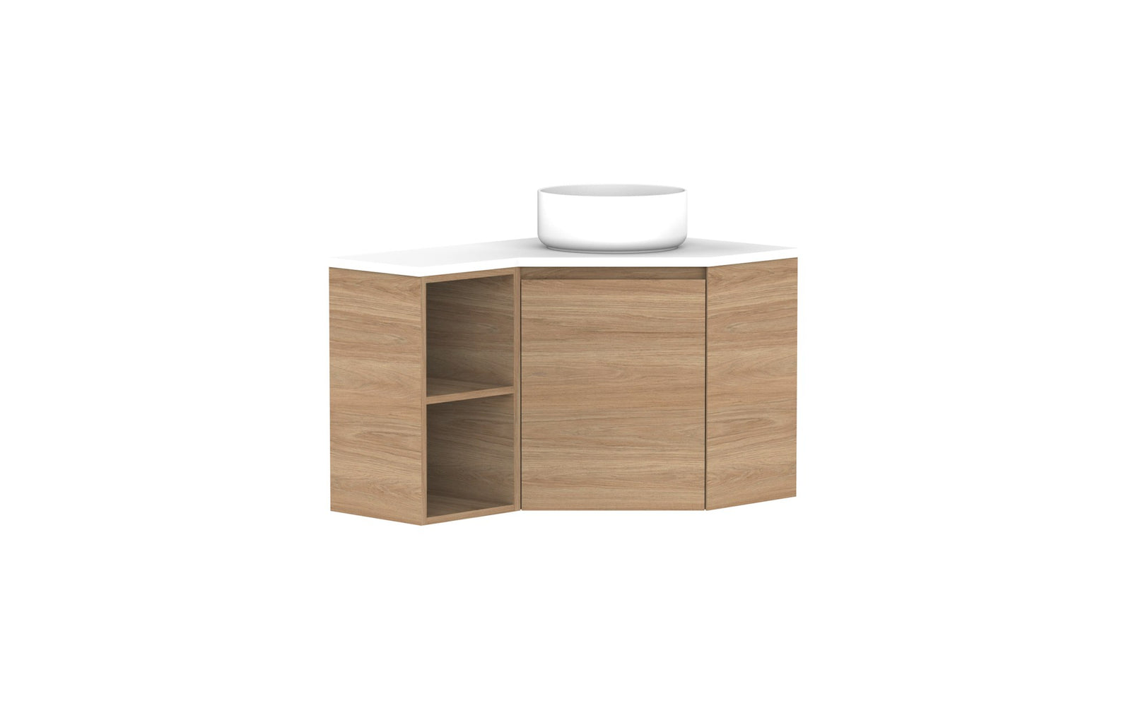 ADP Glacier Corner Wall Hung Vanity 600 x 900mm right hand, open shelf, benchtop