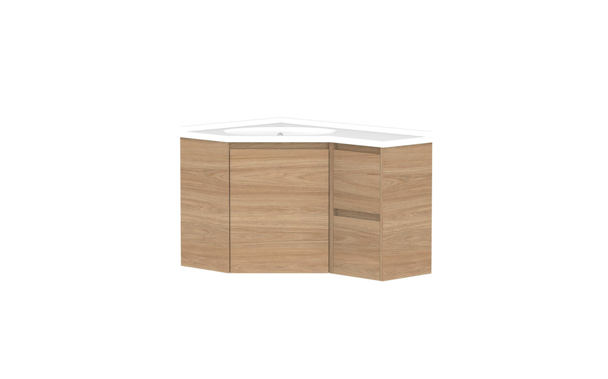 ADP Glacier Corner Wall Hung Vanity 600 x 900mm left hand, drawers, cast marble top