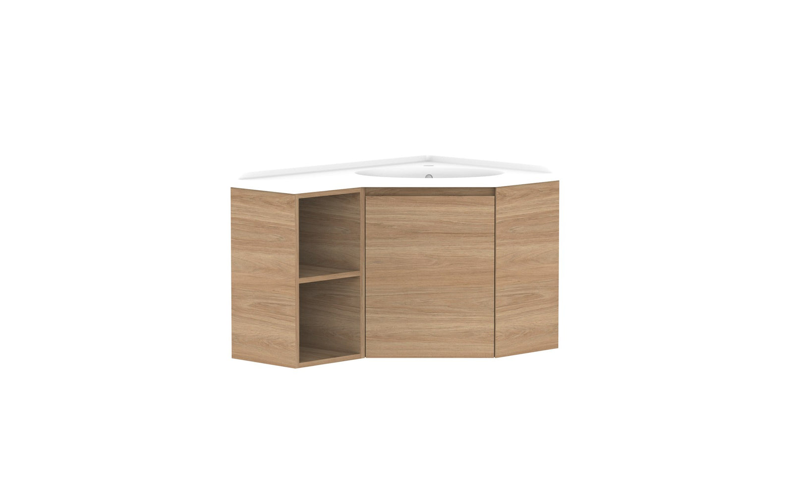 ADP Glacier Corner Wall Hung Vanity 600 x 900mm right hand, open shelf, cast marble top