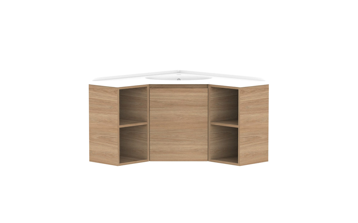 ADP Glacier Corner Wall Hung Vanity 900 x 900mm, open shelf, cast marble top