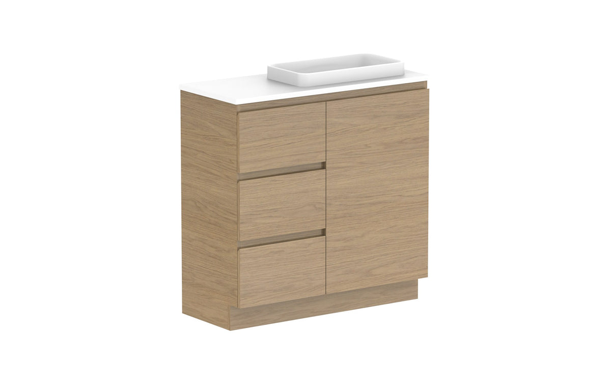 ADP Glacier Ensuite Door & Drawer Trio Floor Mount Vanity 900mm right offset bowl, benchtop