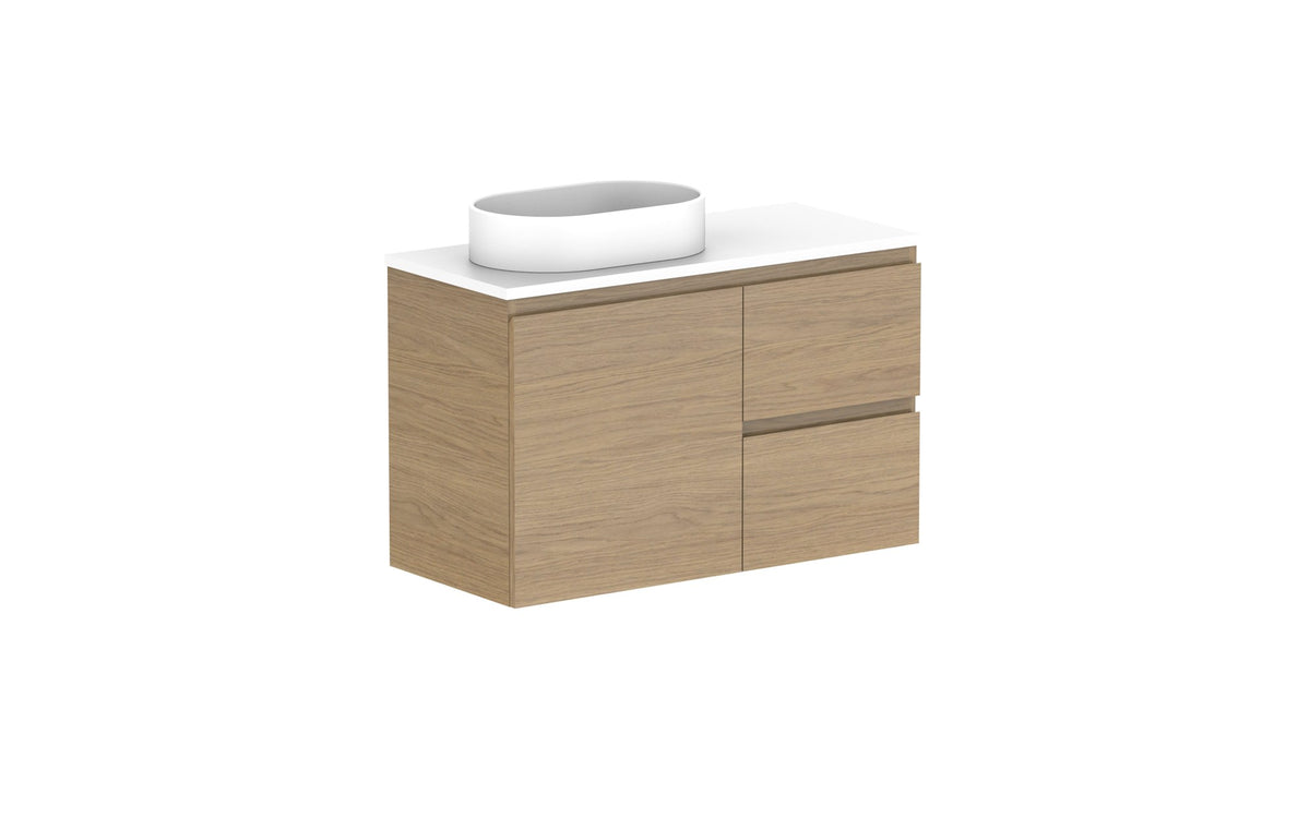 ADP Glacier Ensuite Door & Drawer Twin Wall Hung Vanity 900mm left offset bowl, benchtop