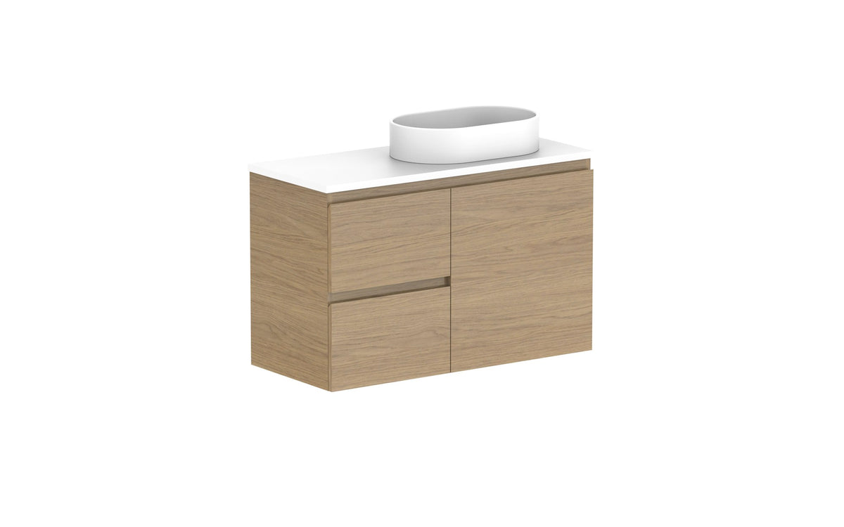 ADP Glacier Ensuite Door & Drawer Twin Wall Hung Vanity 900mm right offset bowl, benchtop