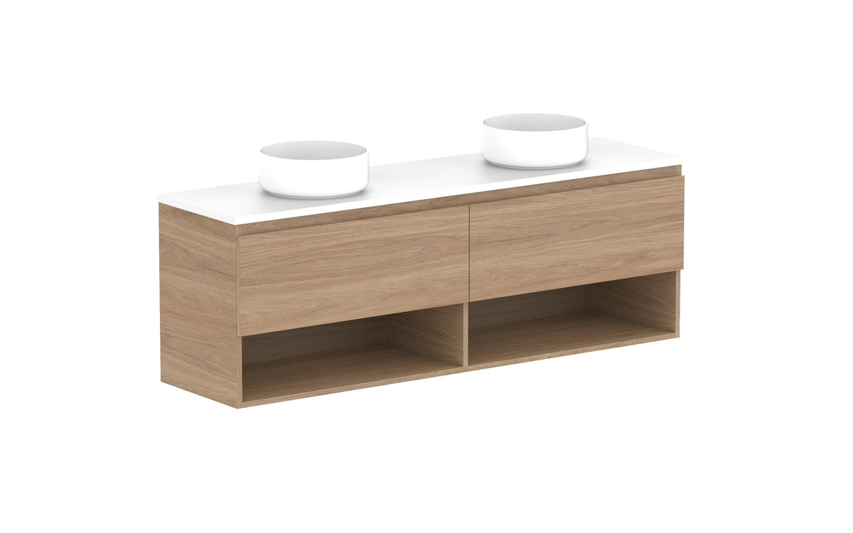 ADP Glacier Ensuite Shelf Slim Wall Hung Vanity 1500mm double bowl, benchtop