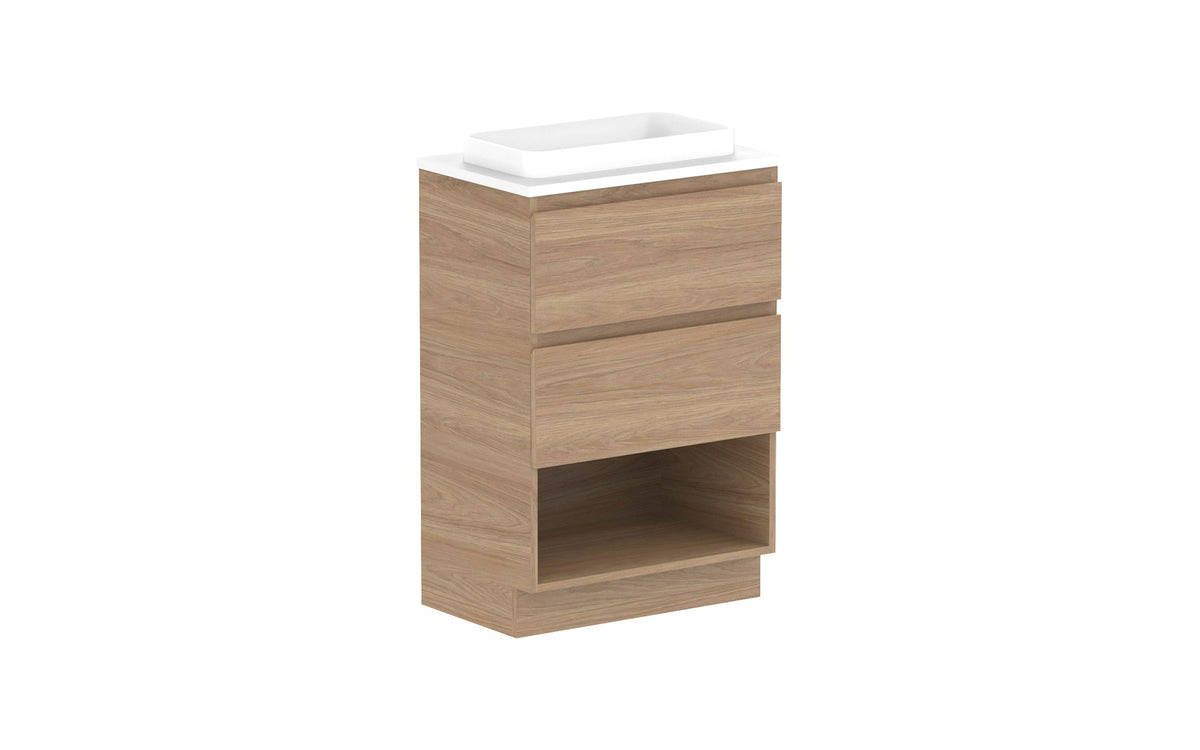 ADP Glacier Ensuite Shelf Twin Floor Mount Vanity 600mm centre bowl, benchtop