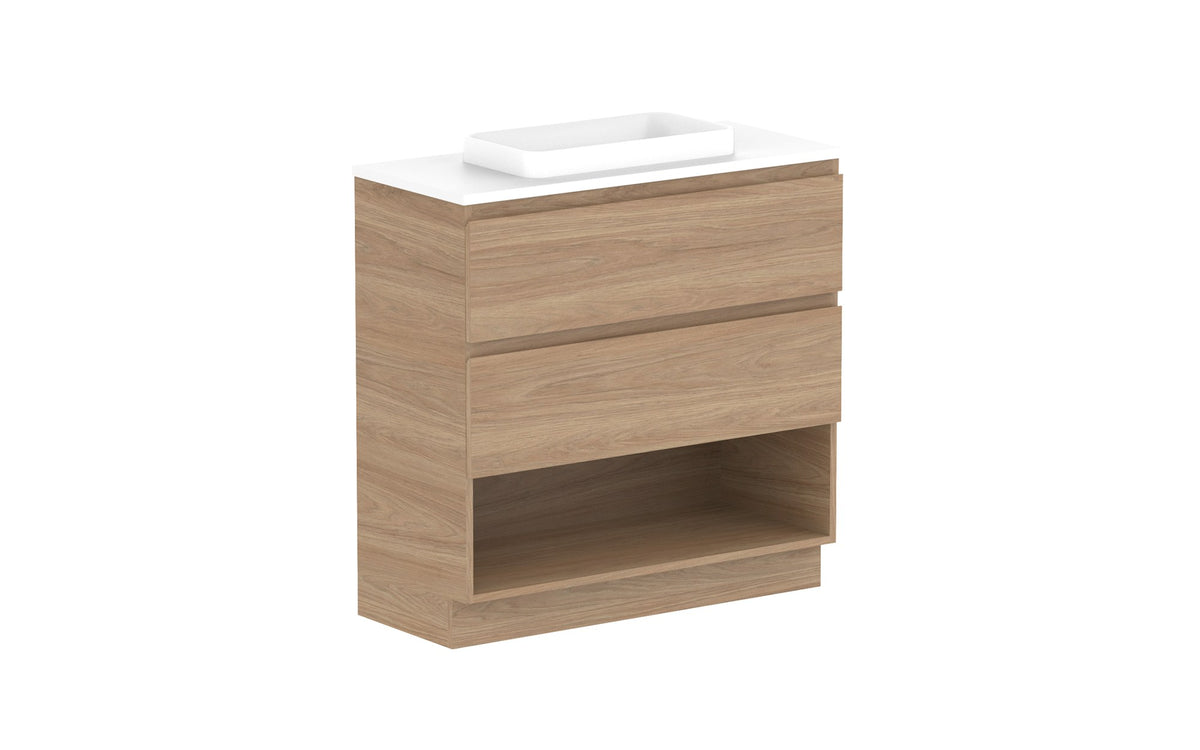 ADP Glacier Ensuite Shelf Twin Floor Mount Vanity 900mm centre bowl, benchtop