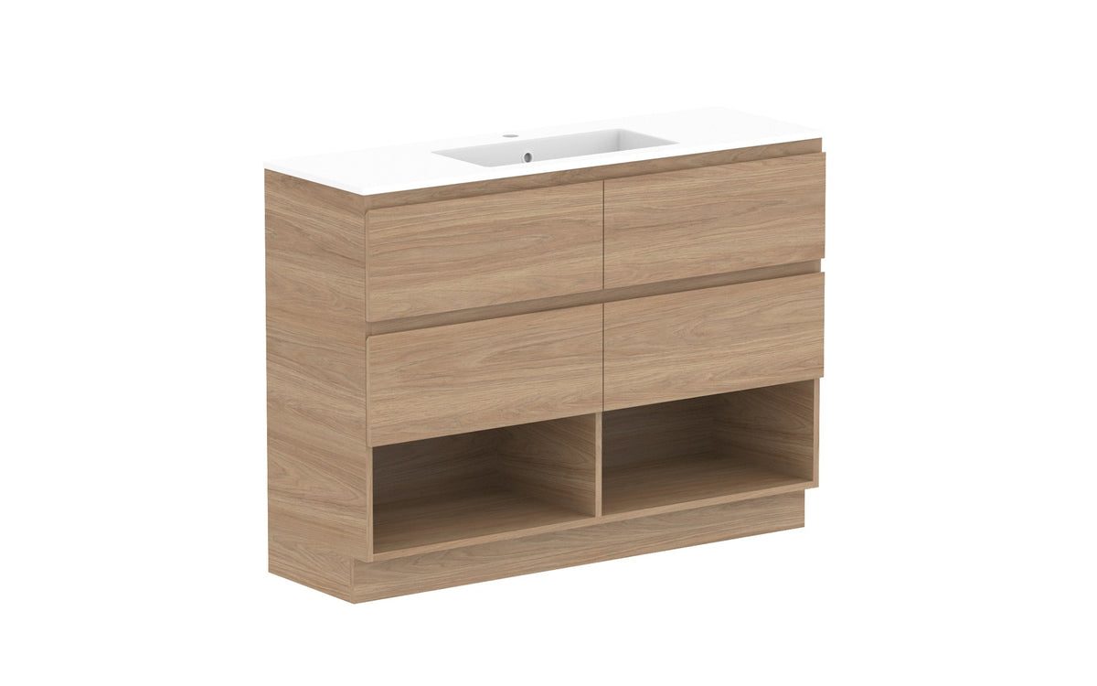 ADP Glacier Ensuite Shelf Twin Floor Mount Vanity 1200mm centre bowl, cast marble top
