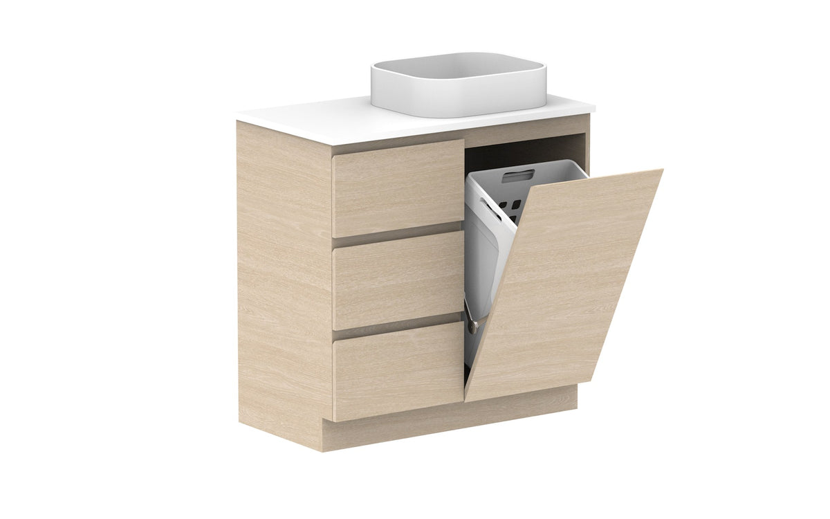 ADP Glacier Hamper Trio Floor Mount Vanity 900mm right offset bowl