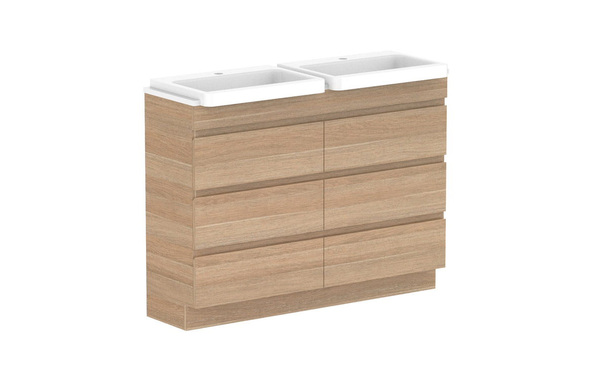 ADP Glacier Semi-Recessed All-Drawer Trio Floor Mount Vanity 1200mm double bowl, benchtop