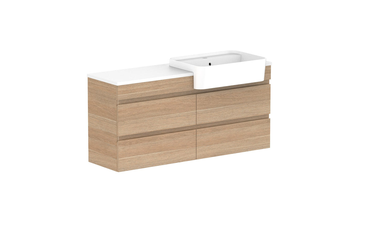 ADP Glacier Semi-Recessed All-Drawer Twin Wall Hung Vanity 1200mm right offset bowl, benchtop