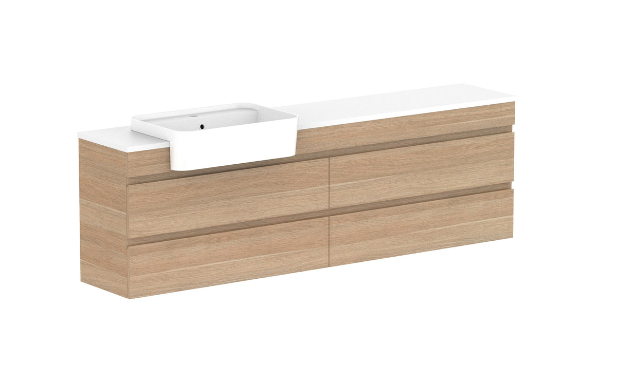 ADP Glacier Semi-Recessed All-Drawer Twin Wall Hung Vanity 1800mm left offset bowl, benchtop
