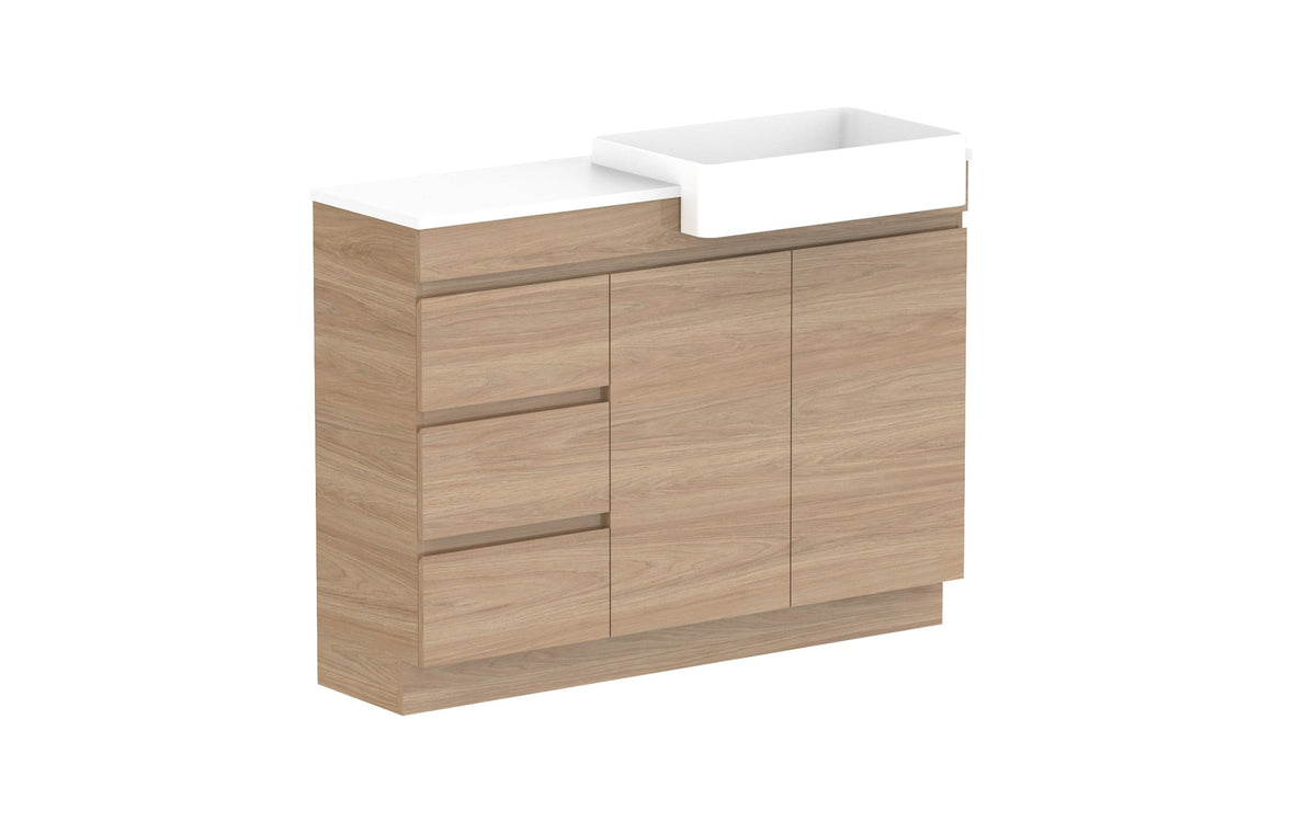 ADP Glacier Semi-Recessed Door & Drawer Trio Floor Mount Vanity 1200mm right offset bowl, benchtop