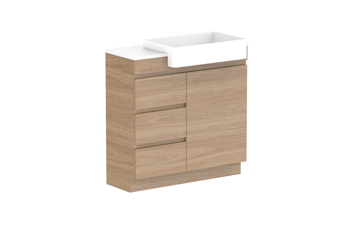 ADP Glacier Semi-Recessed Door & Drawer Trio Floor Mount Vanity 900mm right offset bowl, benchtop
