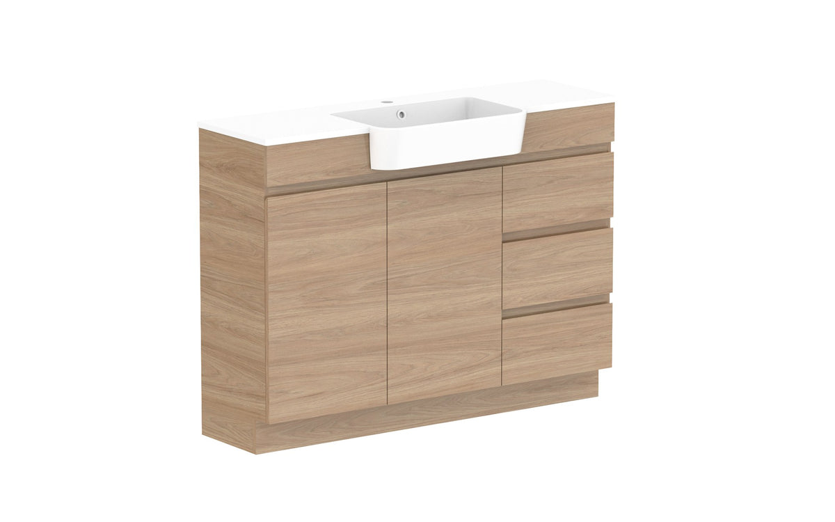 ADP Glacier Semi-Recessed Door & Drawer Trio Floor Mount Vanity 1200mm, cast marble top
