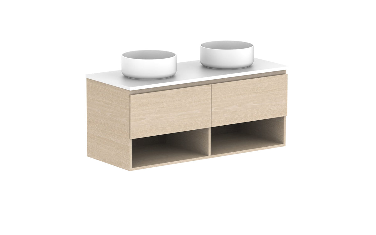ADP Glacier Full Depth Shelf Slim Wall Hung Vanity 1200mm double bowl, benchtop