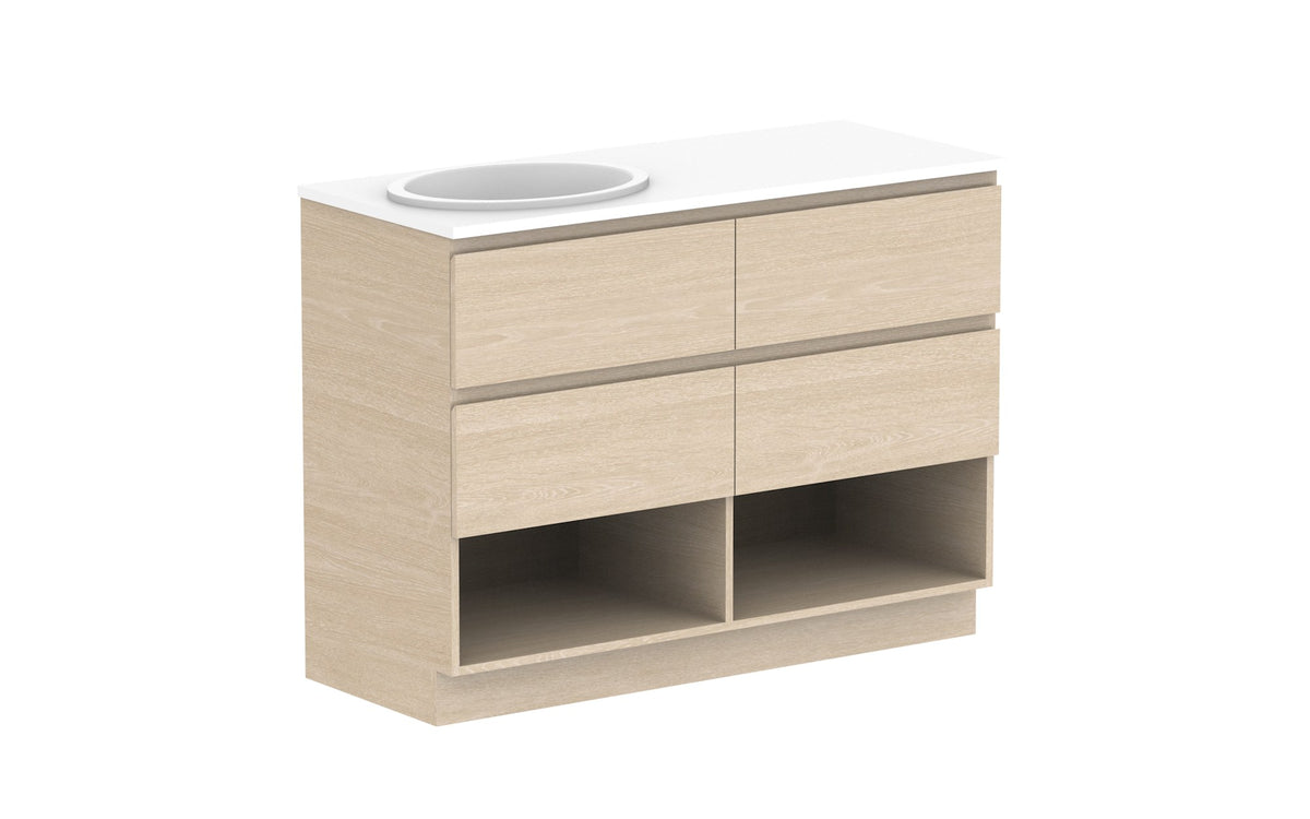 ADP Glacier Full Depth Shelf Twin Floor Mount Vanity 1200mm left offset bowl, benchtop